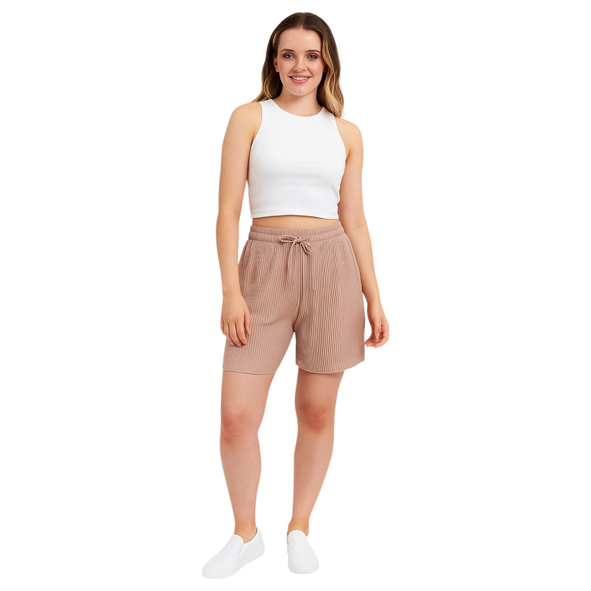 Women's pleated lounge shorts in pink with drawstring waist – soft casual summer shorts
